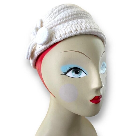 Vintage 1940s Everitt Needlepoint Womens White Beehive Tilt Hat Sculpted Toque - Picture 14 of 16
